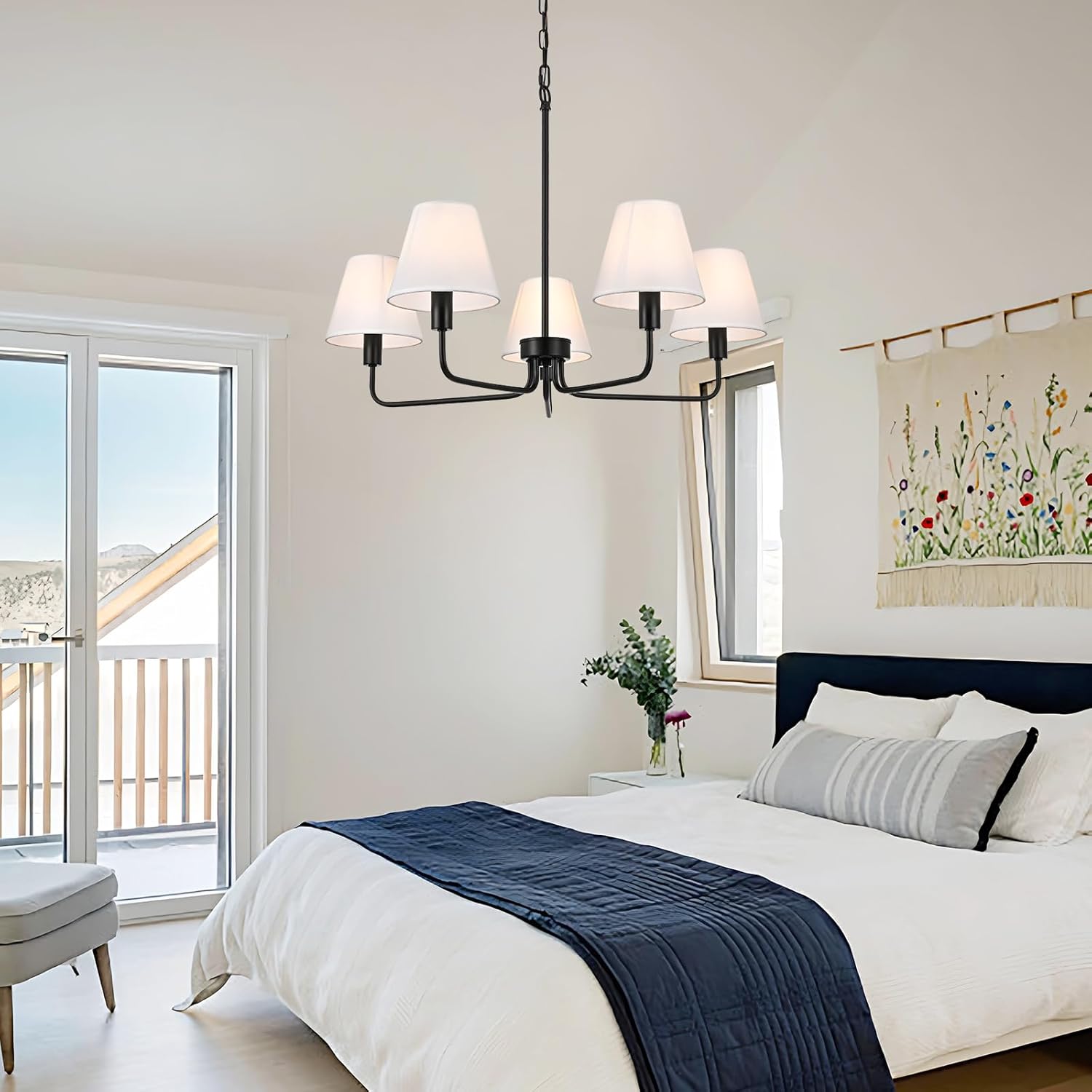 Black Chandeliers for Dining Room,5 Lights Modern Dining Room Light Fixture with White Fabric Shade,Height Adjustable Farmhouse Chandelier for KitchenIs Land,Living Room,Foyer,Entryway