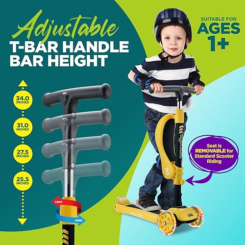 Miniatura 4 de Patinete de 3 ruedas para niños  2 en 1 para sentarse o estar de pie para niños pequeños de juguete con asiento abatible, altura ajustable, cubierta