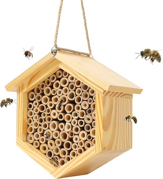 Mason Bee House Native Bee Hive Hexagon Bee House Natural Handmade Wooden Mason Bee Box Habitat Home Hotel with Bamboo Tubes -Attracts Peaceful Bee Pollinators to Enhance Your Garden's Productivity