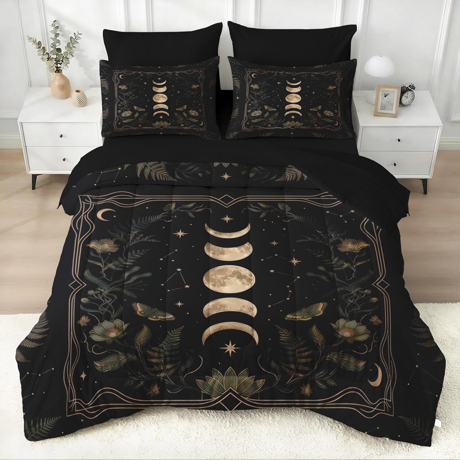 WeCozy 7 Pcs Queen Size Comforter Set with 2 Pillowcases & 2 Shams, Paisley Vintage Floral Bedding Set for Kids and Adults, Navy Gold Bed in a Bag with Flat Sheet and Fitted Sheet