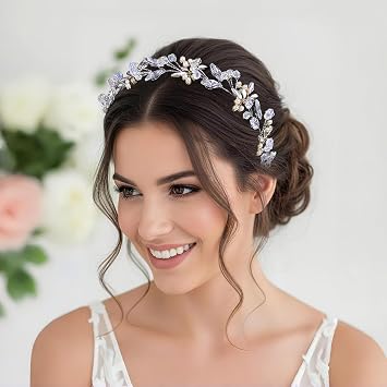Crystal Bridal Headband Wedding Hair Vine Floral Hair Accessories for Women | Ribbon tie ends, faux pearl clusters, white floral accents, rhinestone leaves, soft veil and bridal updo styling