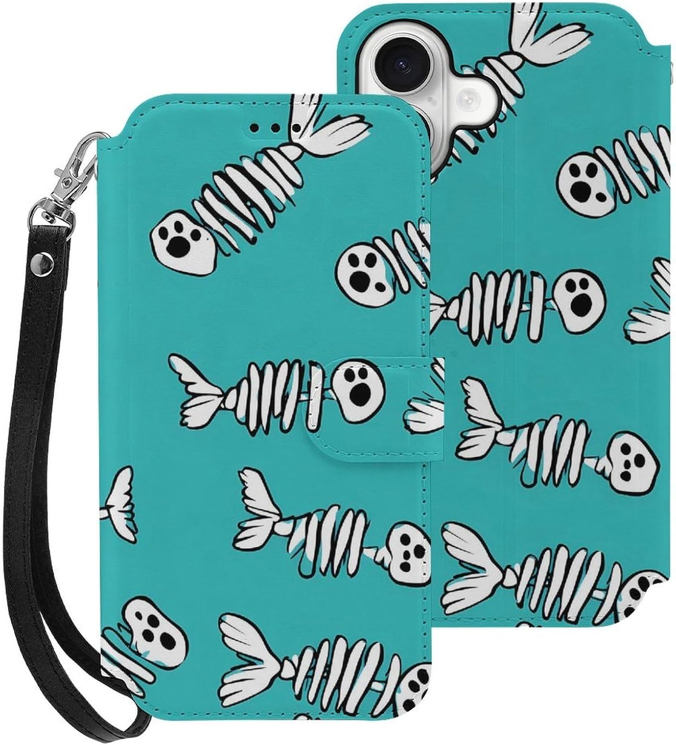 Fish Bones Pattern Compatible with iPhone 16/16 Plus/16 Pro/16 Pro Max/16 E Case Phone Wallet Card Holder Flip Cover with Wrist Strap