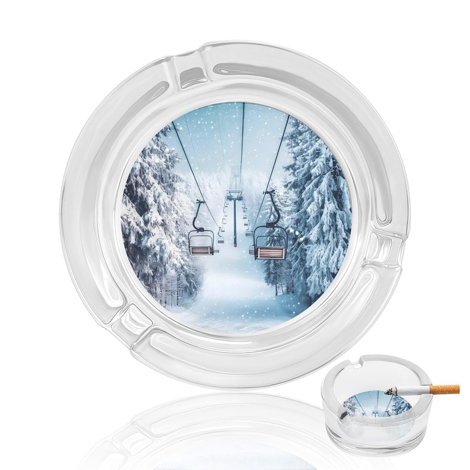 Winter Snowy Ski Skiing Lift Forests Ashtray Portable Round Glass Outdoor Ash Tray for Home Office Garden Pub