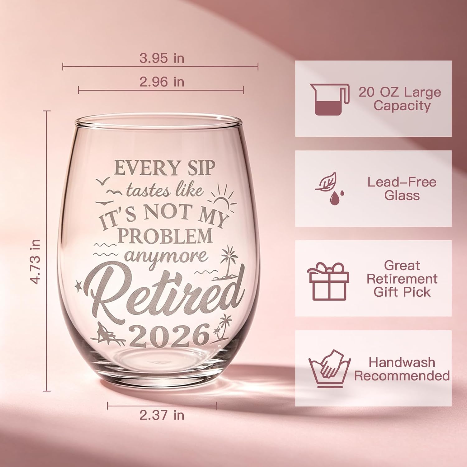 Retirement Gifts For Ladies 2026, 20 Oz Stemless Wine Glass Engraved "It’s Not My Problem Anymore", Retired Rhinestone Tiara & Sash, Pink Box, Gift For Colleagues, Mom, Nurses, Teachers & Friends