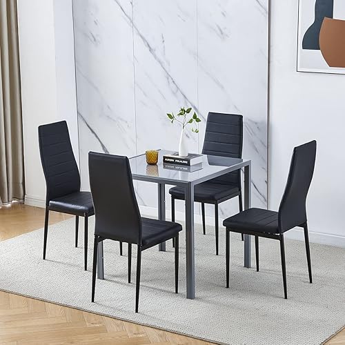 Miniatura 16 de Juego de 4 mesas de comedor y sillas de comedor de cristal negro de 5 piezas, moderna mesa cuadrada de cocina pequeña y 4 sillas de comedor que