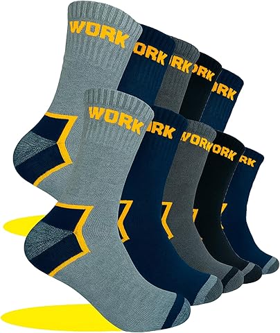 Calcetines Trabajo Hombre Reforzados, Calcetines con Base Acolchado para largas jornadas, Algodón con Talón y Punta Reforzados, Surtido, Calcetines Work Interior Suave y Transpirables.