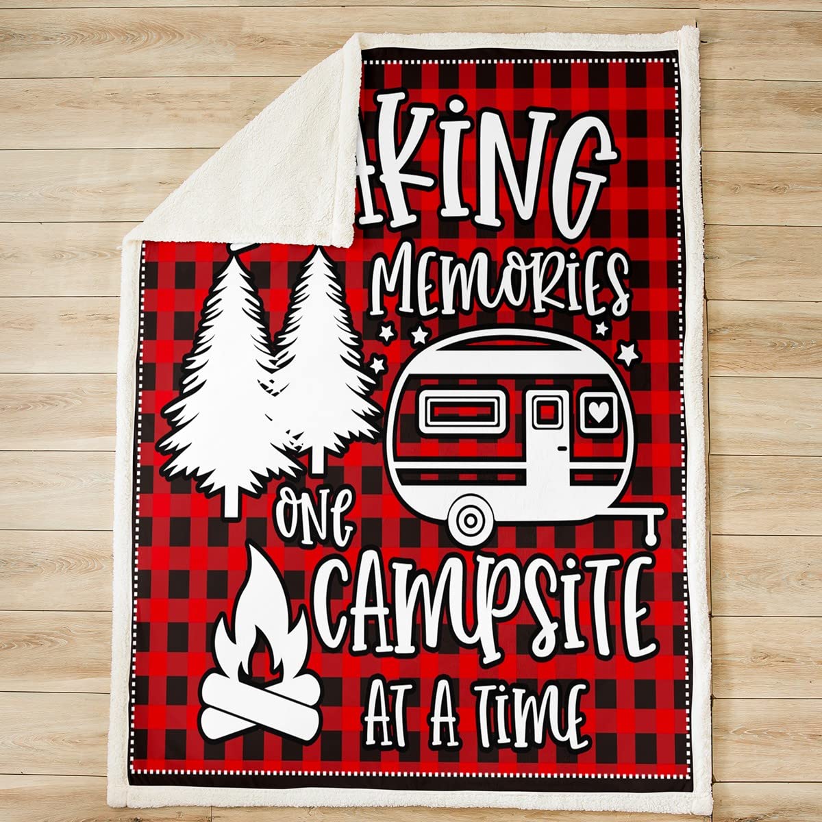 Coperta in pile da campeggio Sherpa per bambini, ragazzi, ragazze, camper, auto da viaggio, albero falò, bianco, rosso, nero, coperta sfocata per divano letto, queen 200 x 200 cm