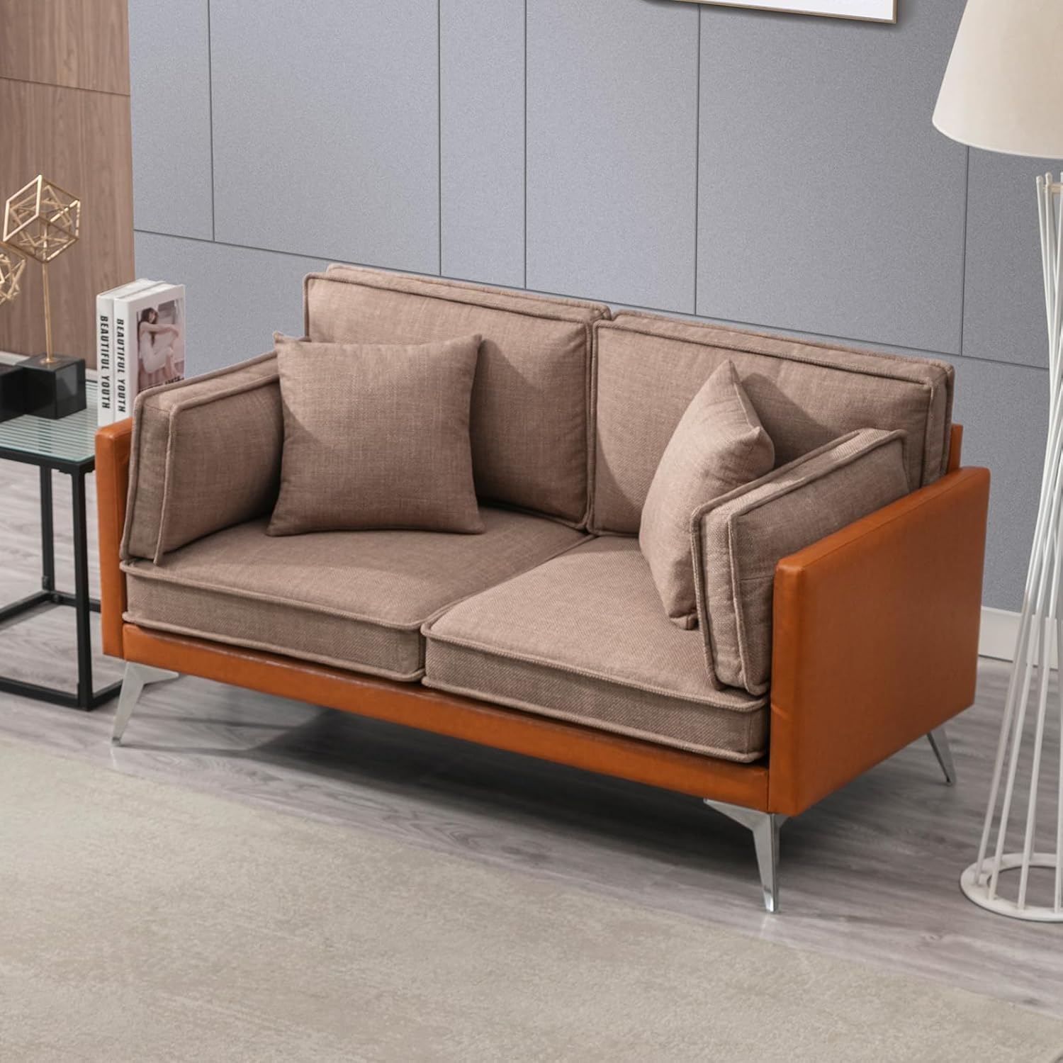 Mjkone Sofa Set for Living Room, Modern Loveseat Sofa with Faux Leather Frame Cover, Mid-Century Linen Upholstered Loveseat Couch with 2 Accent Pillows for Apartment Office (Yellow)