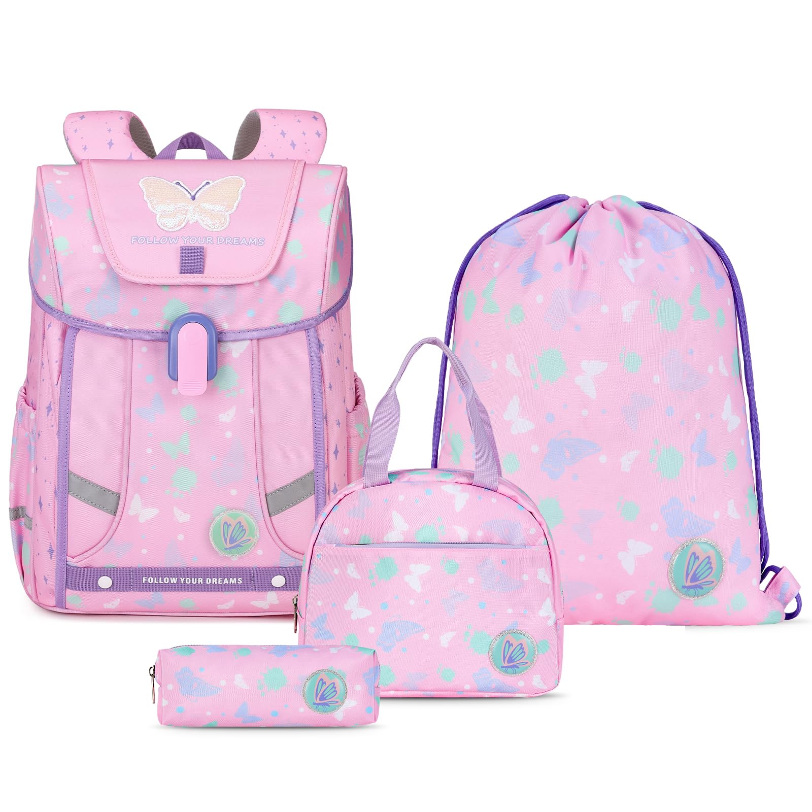 Amythe Set 4-teilig Schulranzen Mädchen Ergonomischer, Schulrucksack Mädchen der ab 1. Klasse, Rucksack Kinder mit Brustgurt, Reflektoren, Abnehmbarer Gürtel, Schmetterlingsmotiv