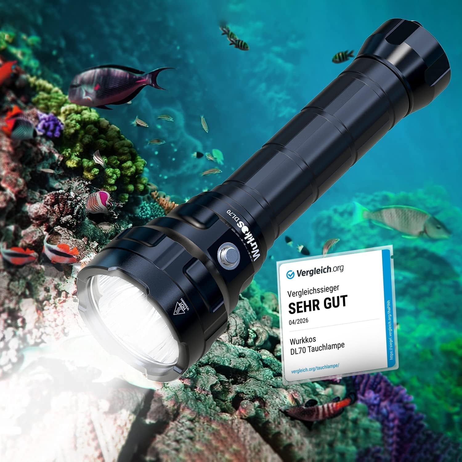 DL70 Dive Torch, 13000 Lumens Diving Flashlight, 4 XHP50.2 LEDs, IPX8 Waterproof, 150m Underwater Light, 2 x 5000mAh Power Supply