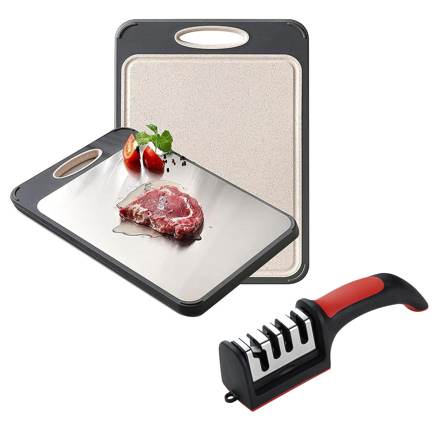 Premium Double-Side using Cutting Board,Large 14”×10” 316 Stainless Steel Cutting Board Kitchen,Food-Grade Rice Husk Fiber Chopping Board with Knife Sharpener for Kitchen,Easy-Grip Handle