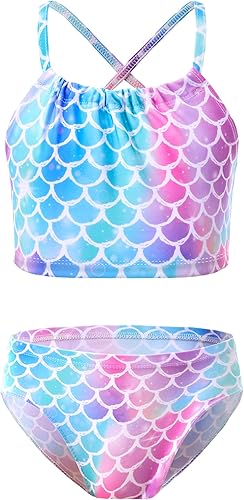TENVDA Traje de baño de 2 piezas para niñas, tankini con cuello halter, traje de baño deportivo de playa UPF 50+