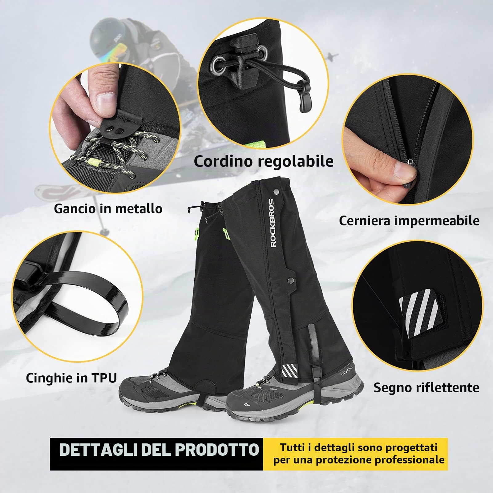 ROCKBROS Ghette Impermeabili Calde Outdoor da Sci, Attrezzatura da Sci, Gambali Antipioggia Anti-Neve per Escursionismo, Trekking, Correre, Alpinismo, Arrampicata Anti-Fango Invernale Unisex S-3XL
