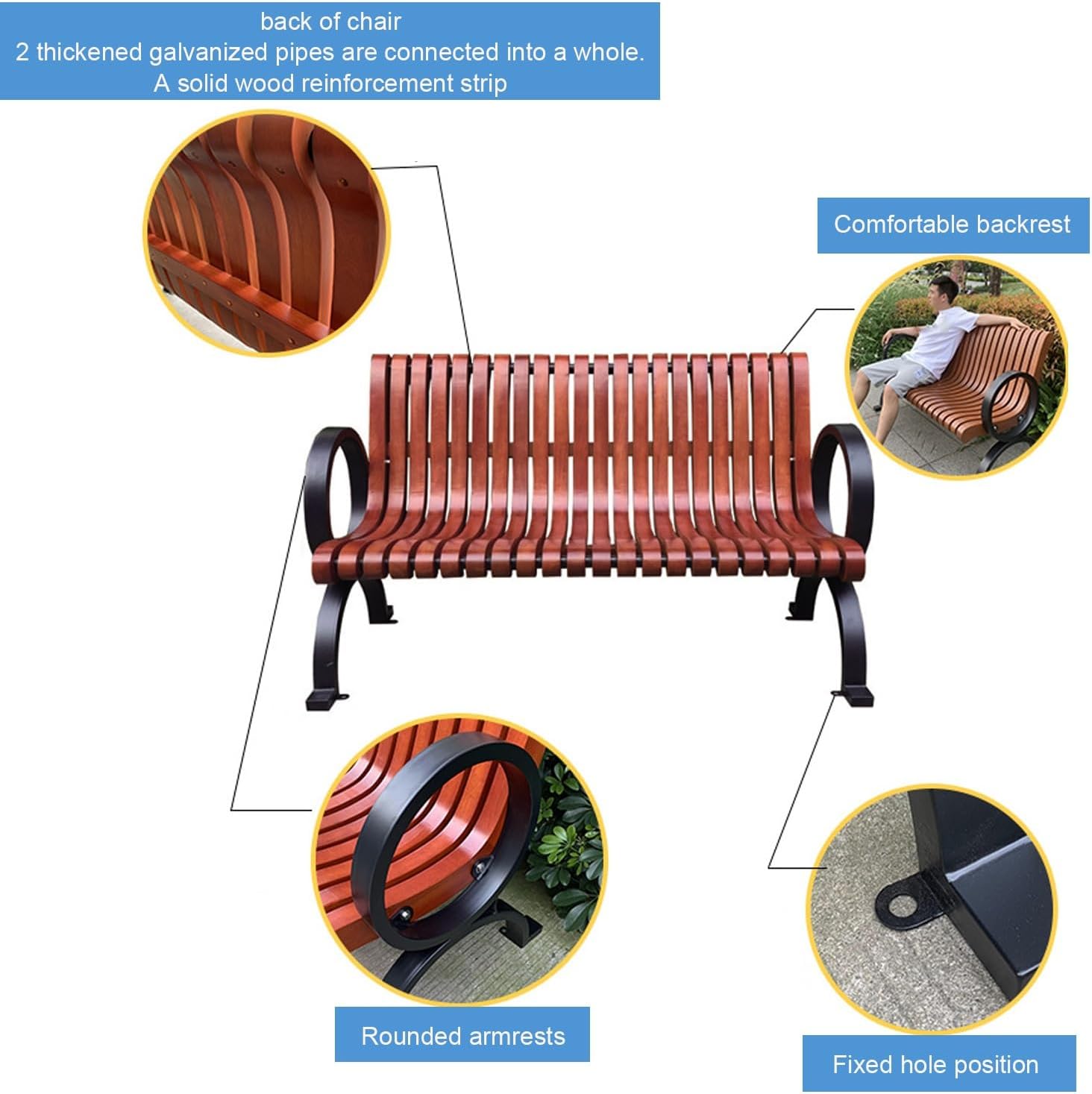 Garden Bench, Outdoor Park Bench, Patio Bench, Front Porch Bench Weatherproof, Slatted Design, with Backrest,Hold Up to 1653 LBS/750kg, for Park, Garden, Yard,Poolside(Size:150cm/59in A)