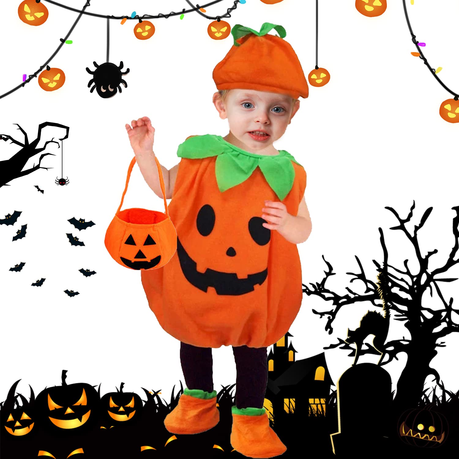 Costume da zucca per bambini, Zucca Halloween, completo di cappuccio, borsa a forma di zucca e copriscarpe, adatto a bambini dai 3 ai 7 anni per Halloween, feste di carnevale e giochi