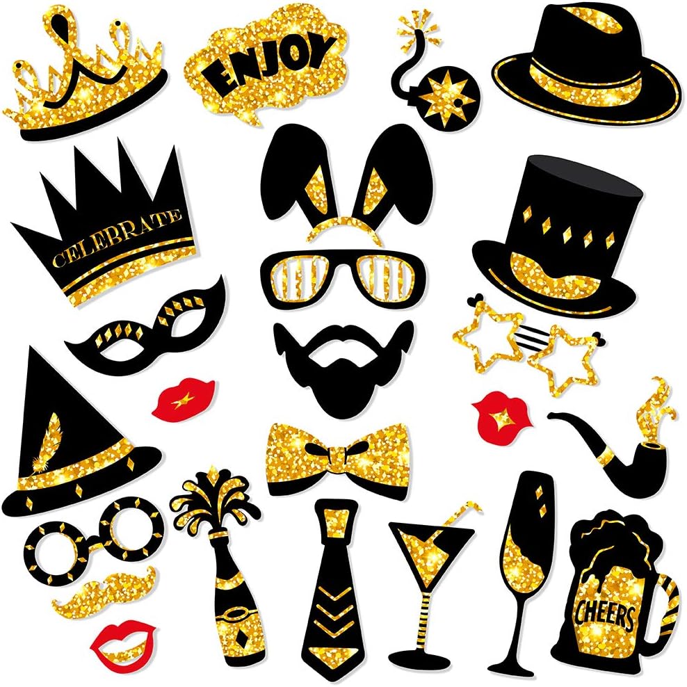 BUSOHA Bachelorette Party Photo Booth Props - Black Gold Photo Prop Crown Hats Lips Mustaches Vibrant Pose for Engagement Party AnniversBride Shower Wedding Birthday Graduation Party Supplies (24Pcs)