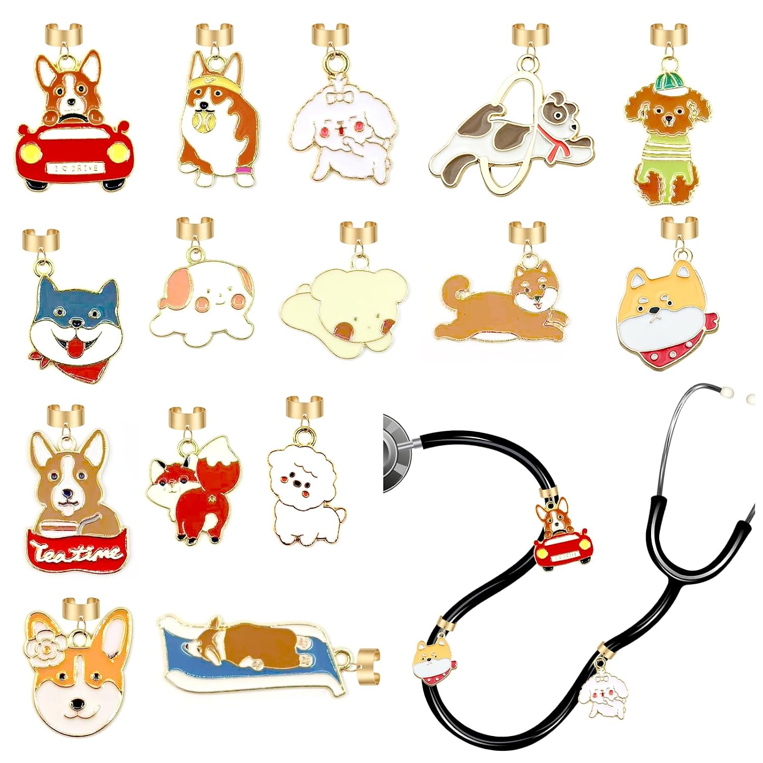 15pcs Dog Stethoscope Charms for Nurses, Cute Puppy Alloy & Enamel Stethoscope Pendant Accessories for Pediatric & Hospital Medical Staff
