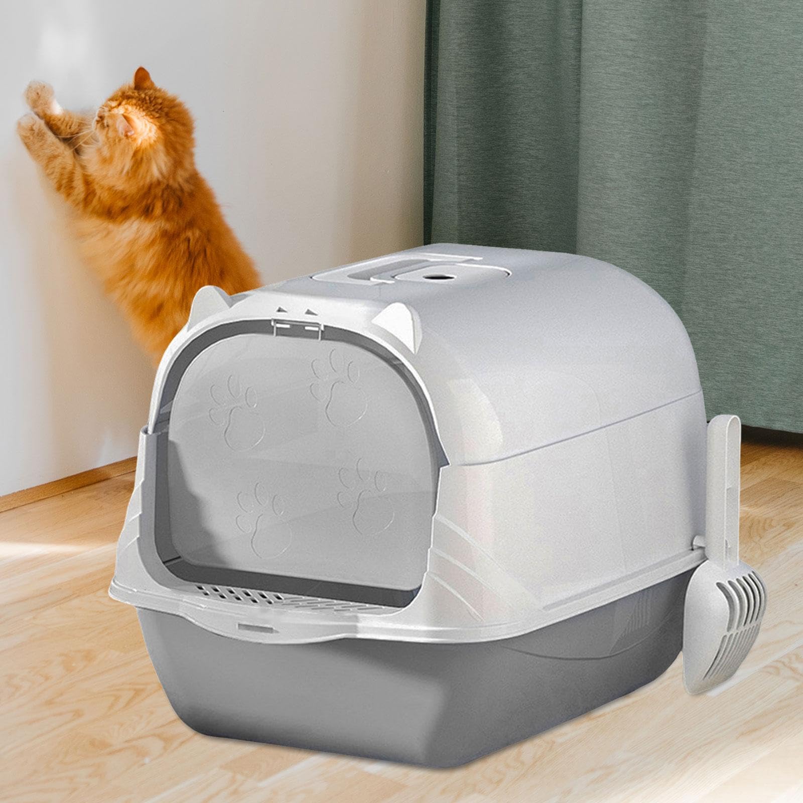 Katzenklo Geschlossene Katzentoilette Haubentoilette Katzenstreu Box mit Schaufel Enclosed Tragbare Toilettenschale Dicht Schließende Tür, GRAU