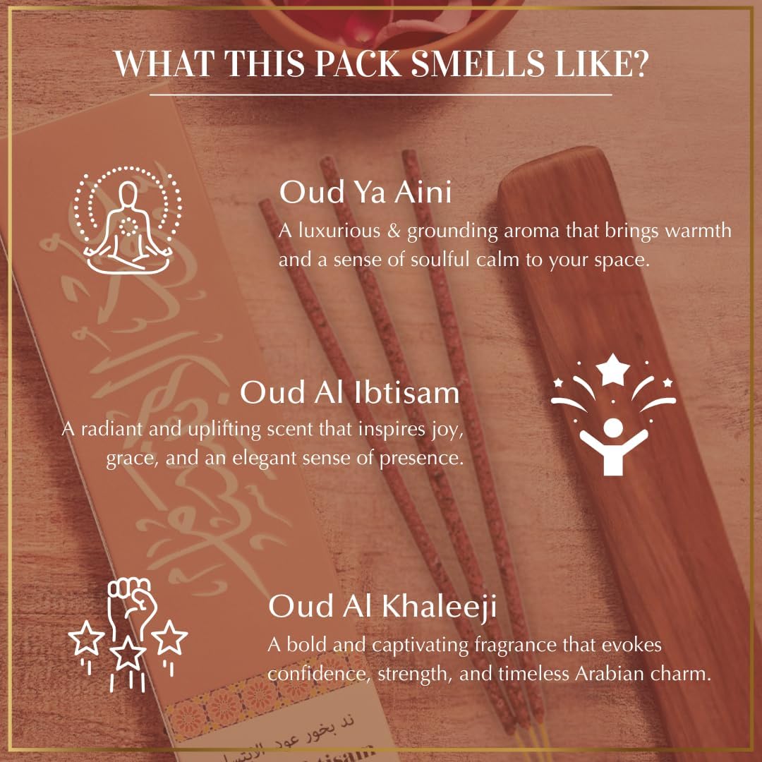 Arabian Oudh Incense Sticks by Dukhni – 90 Premium Agarwood Oud Sticks | 3 Assorted Oudh Fragrances | Organic & Charcoal Free Incense I Long-Lasting Fragrance for Home, Meditation & Relaxation