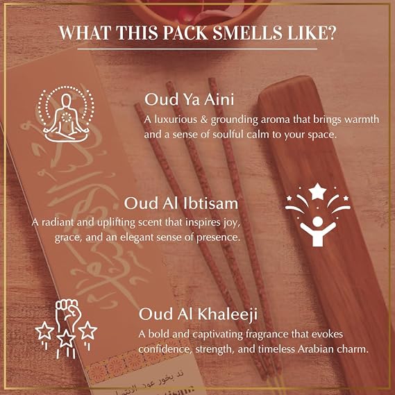 Arabian Oudh Incense Sticks by Dukhni 90 Premium Agarwood Oud Sticks | 3 Assorted Oudh Fragrances | Organic & Charcoal Free Incense I Long-Lasting Fragrance for Home, Meditation & Relaxation
