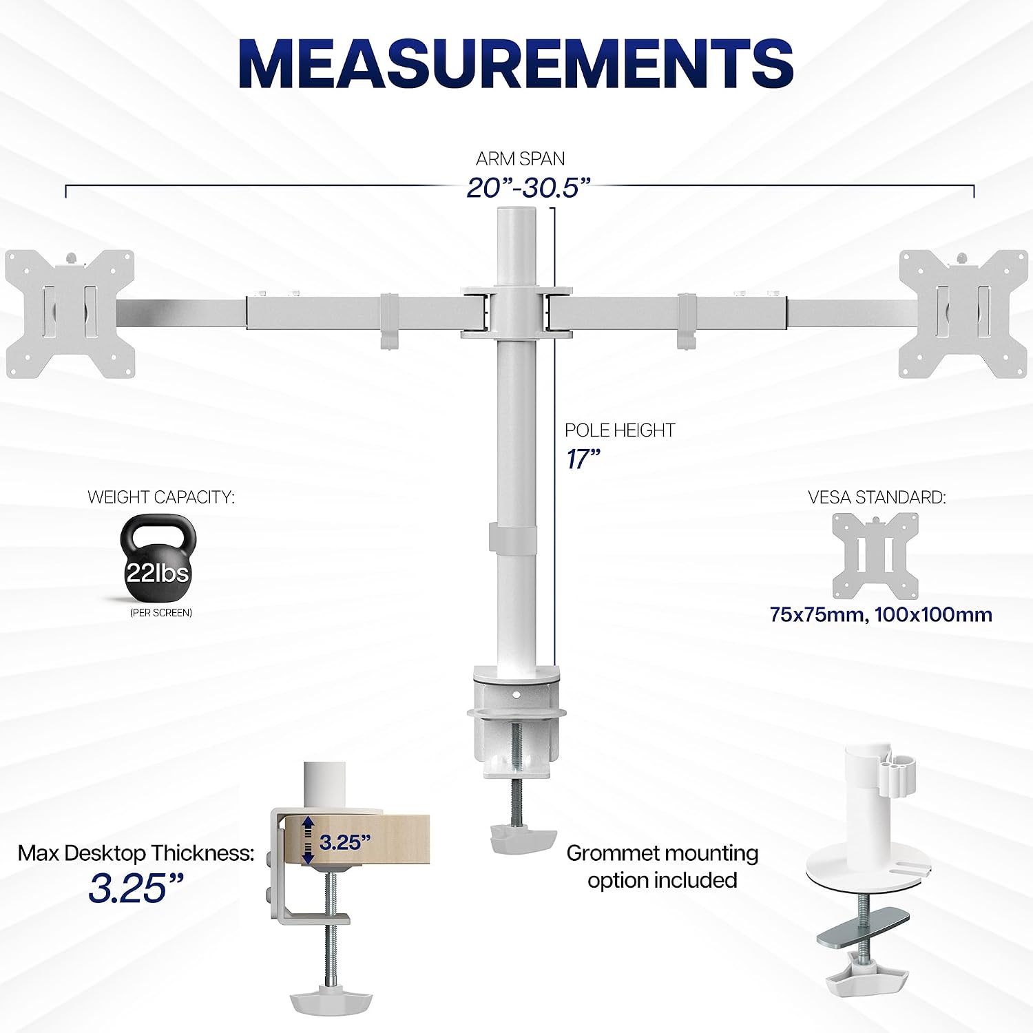 VIVO Dual LCD LED 21 to 32 inch Monitor Desk Mount, Heavy Duty, Adjustable Telescoping Arms, Flush Wall Setup, Fits 2 Screens, White, STAND-V002EW image 4