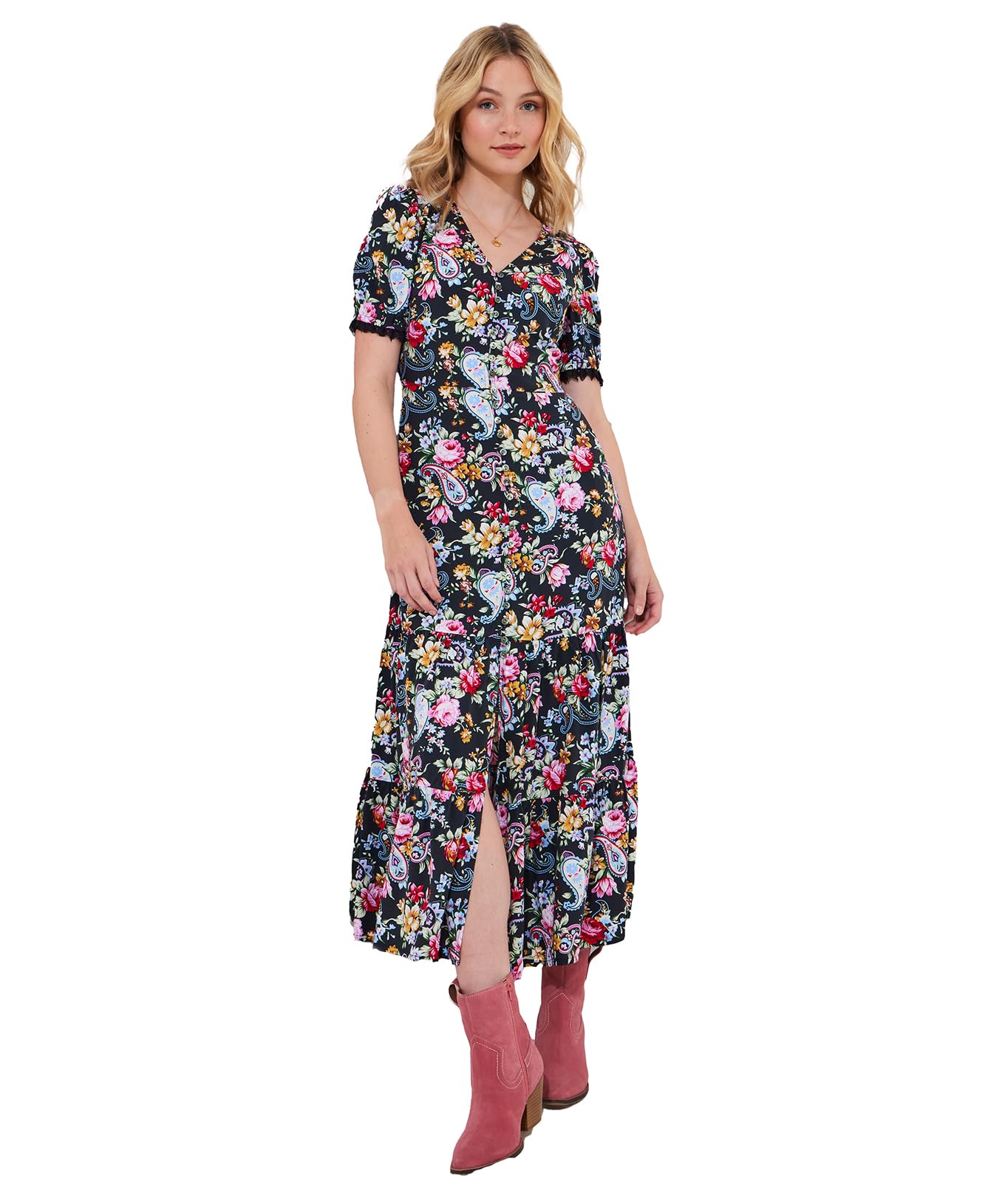Joe Browns Women's Floral Lace Trim V-Neck Maxi Dress in Black | Size: 8