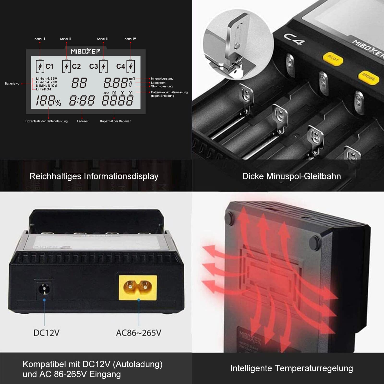 Universal akku Ladegerät, 18650 Baterieaufladegerät mit 4 Schacht, LCD-Display Batterien Ladegerät für Li-Ion LiFePO4 NI-MH NI-Cd AA AAA C 18350 18500 18700 20700 21700 26650 RCR123.