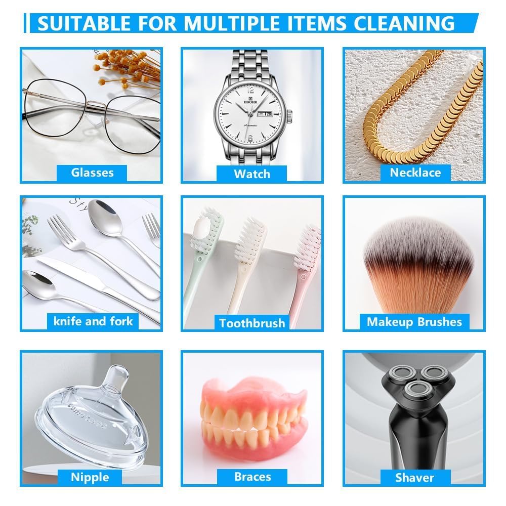 Ultrasonic Jewelry Cleaner, 48KHz Ultrasonic Cleaner Machine for Jewelry, 304 Stainless Steel 12oz Cleaning Pod for Glasses, Rings, Retainers, Watch Strap, Dentures