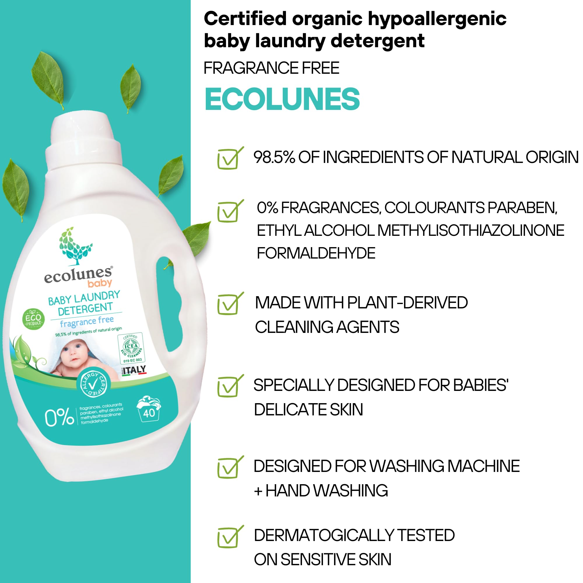 Ecolunes Baby Laundry Detergent Fragrance Free Specjalnie opracowany dla delikatnej skóry niemowląt, 98,50% składników pochodzenia naturalnego, 2L