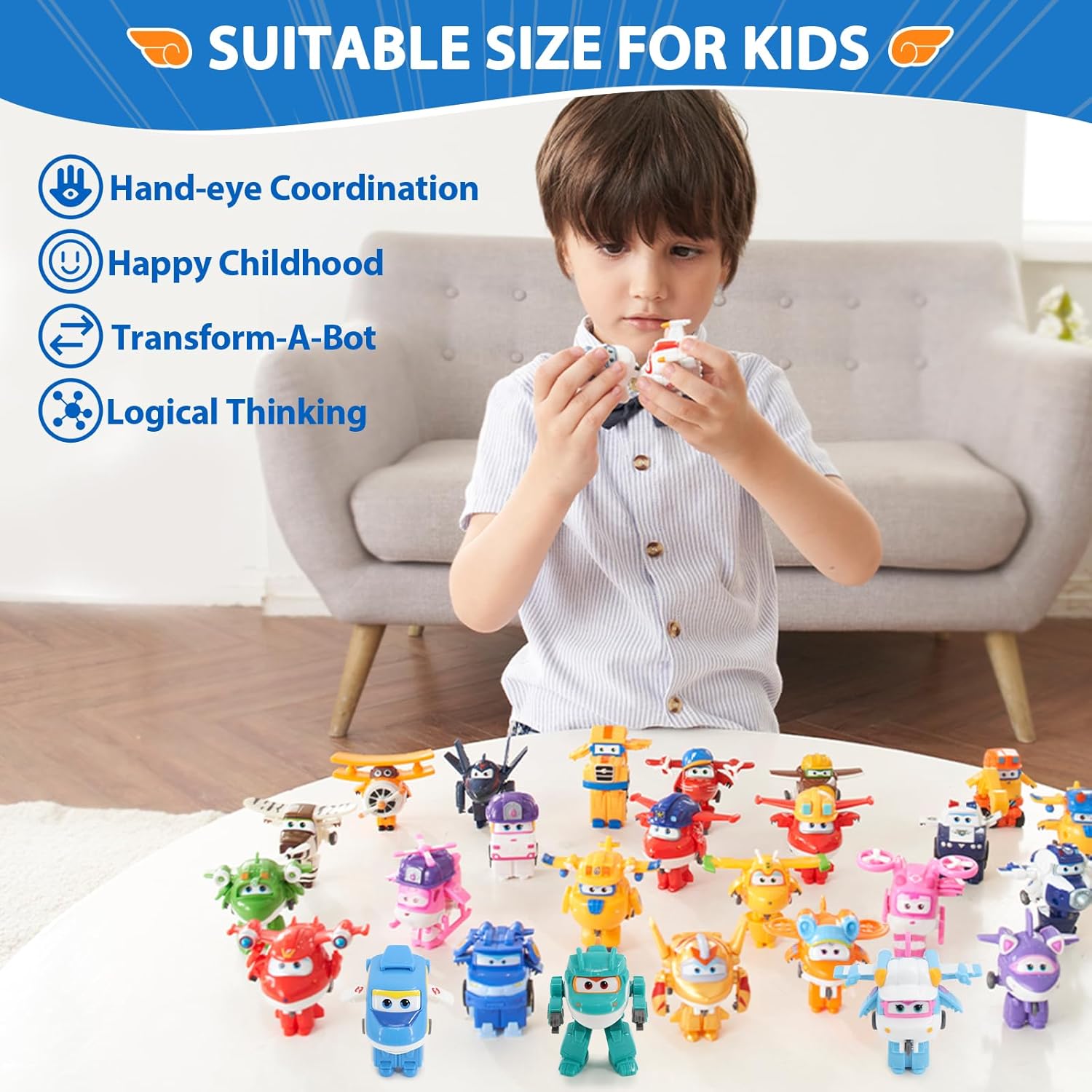 Super Wings Transformable Toys, 2 in/5cm Tino Robot Transforming Action Figures, 2-in-1 Mode Robot Transform Toys for Boys Girls 4-6 6-8, Fun Plane Toys for Boys Toddlers Kids Age 3 4 5 6 7 8