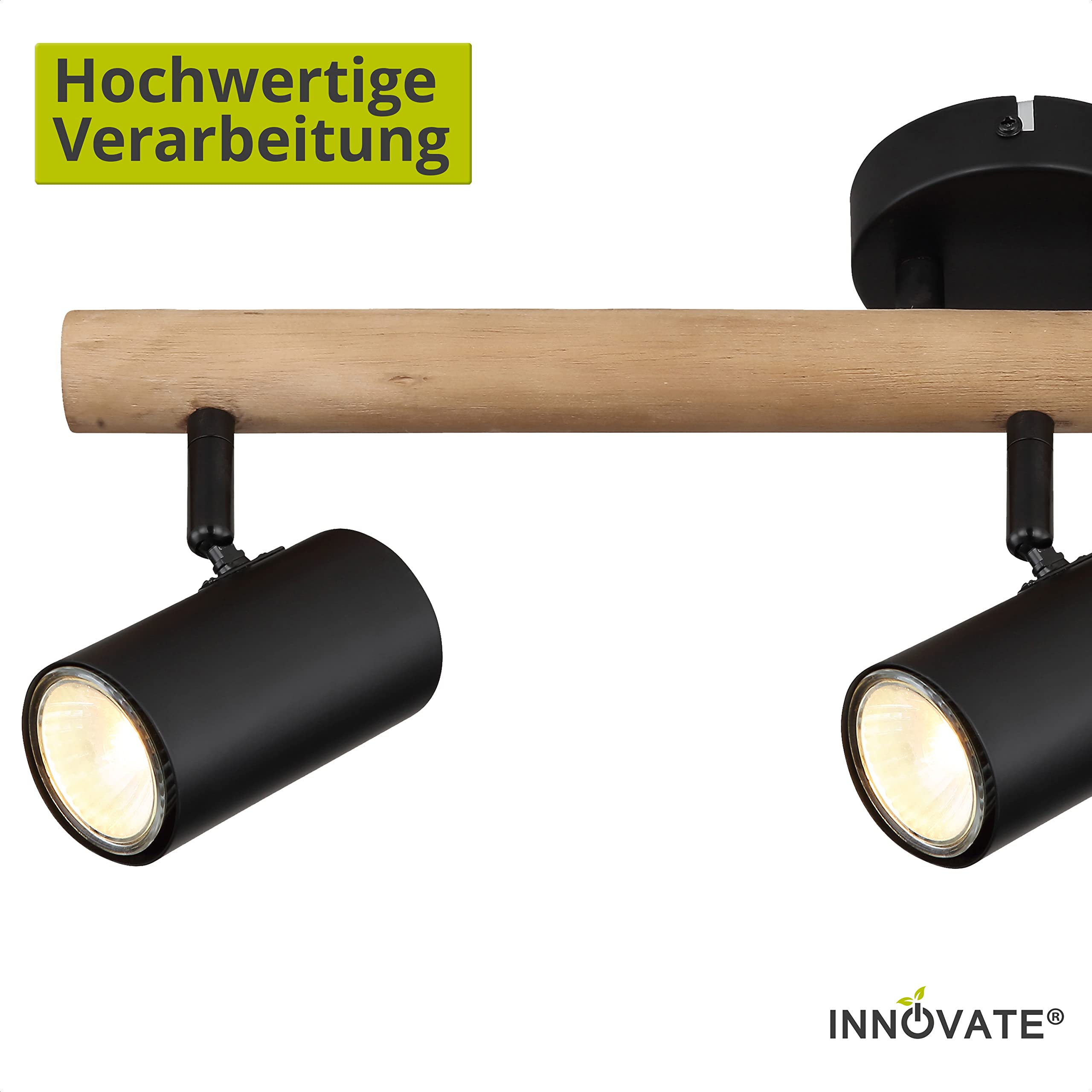 INNOVATE LED Spotbalken Holz | GU10 Deckenlampe Spot | LED Deckenleuchte Schwenkbar | Spotleuchte drehbar für Küche, Wohnzimmer, Schlafzimmer | Wandleuchte Holz | Deckenstrahler 3 flammig