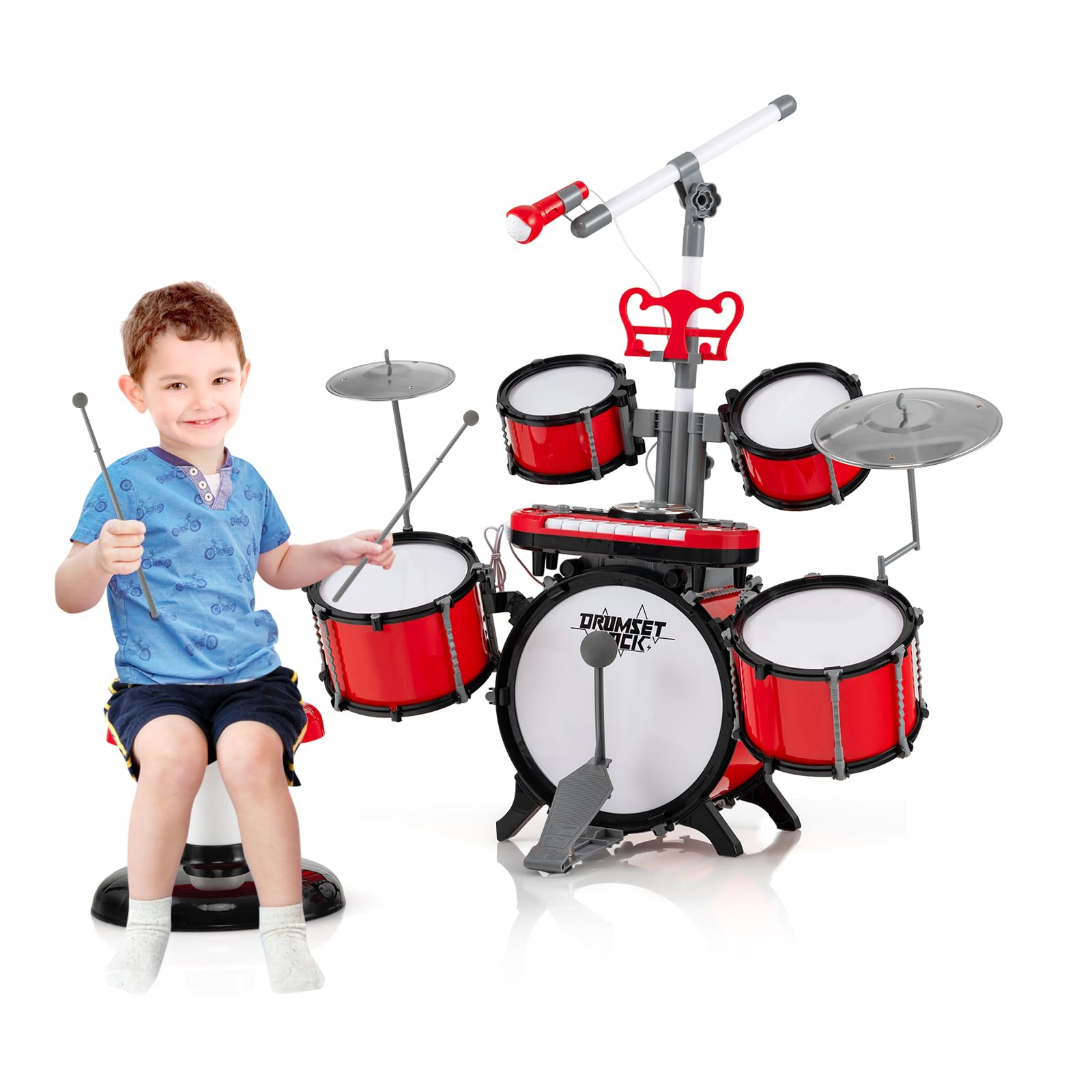 RELAX4LIFE Set di Batteria per Bambini, Giocattoli Musicali Elettronici con Tastiera e Microfono, Batteria Jazz con Sgabello per Bambini 3+ Anni, Rosso