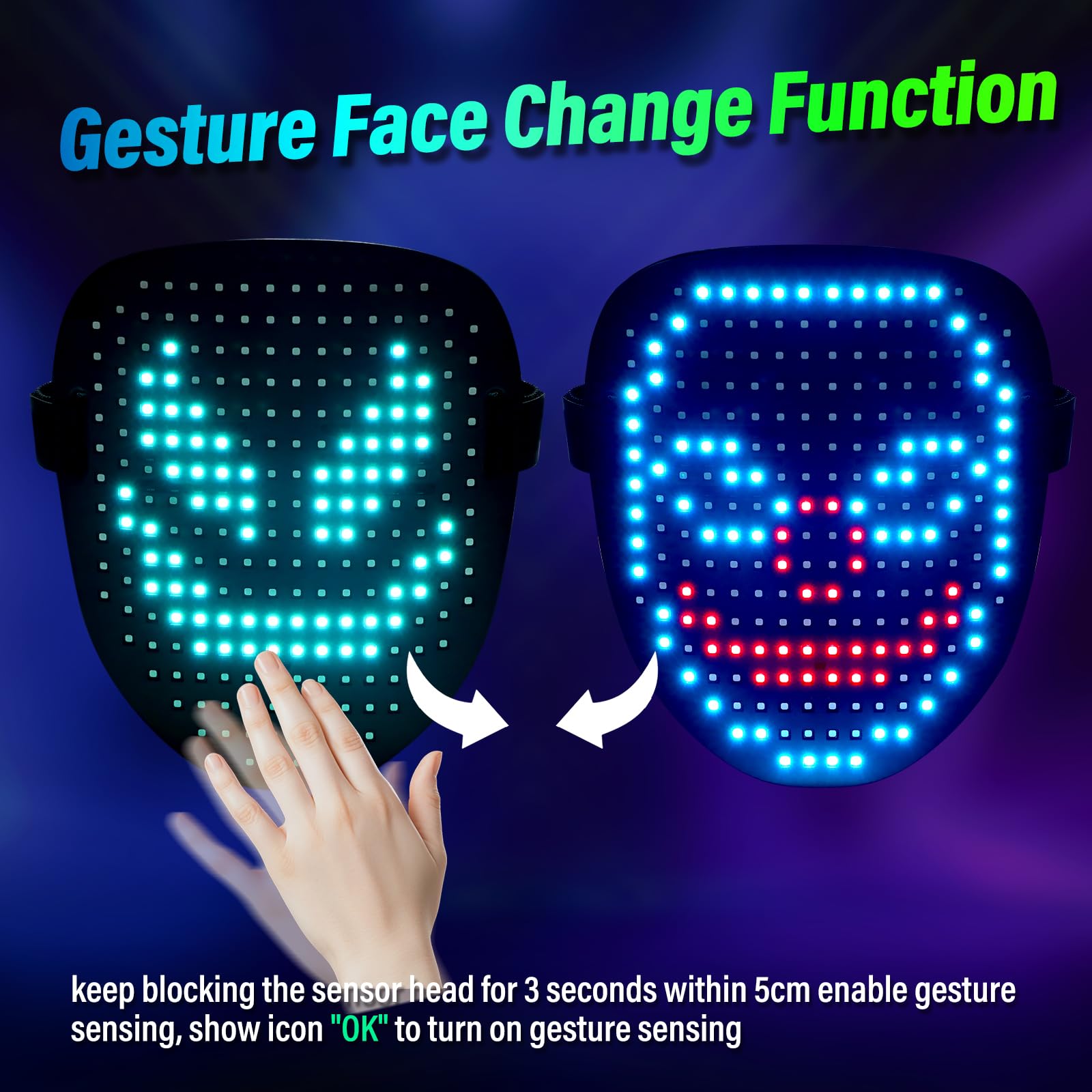 arscniek LED Light Up Mask Gesture Control Halloween Costume for Teens Kids
