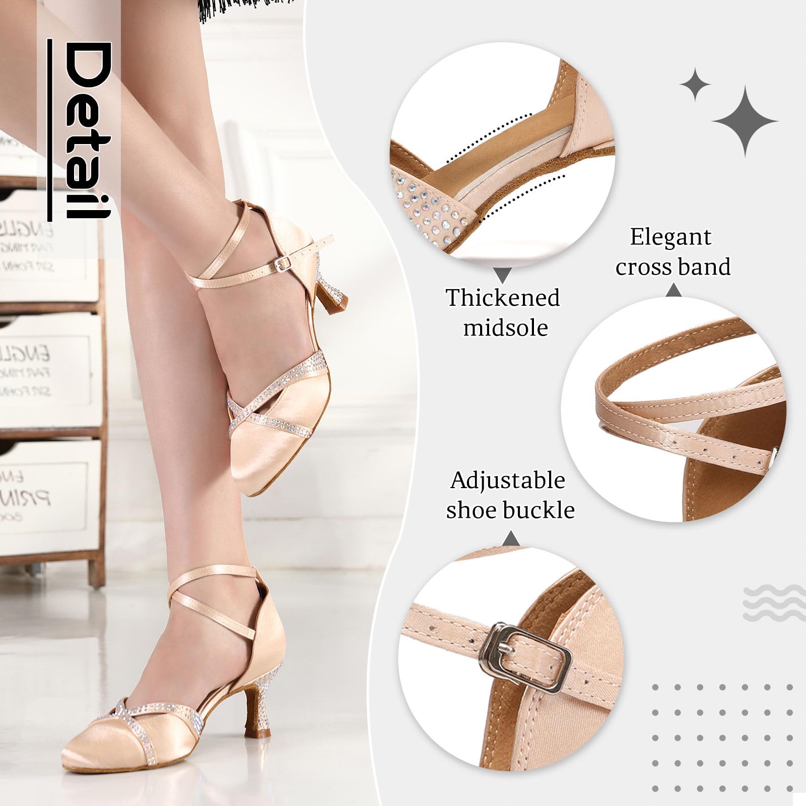 Zapatos de Baile Latino para Mujer con Diamantes Punta Cerrada Salsa Tango salón de Baile
