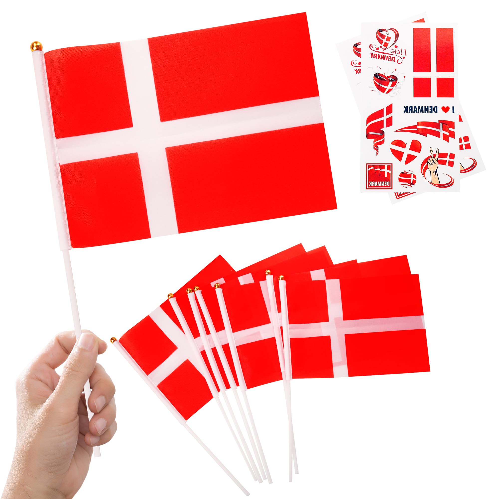 10pcs Small Denmark Flags on Sticks & 2pcs Tattoos, Denmark Oly 2024 Decorations Mini Denmark Flags Hand Held Flags for Oly Games 2024 Football Sports Events National Day Party Decorations