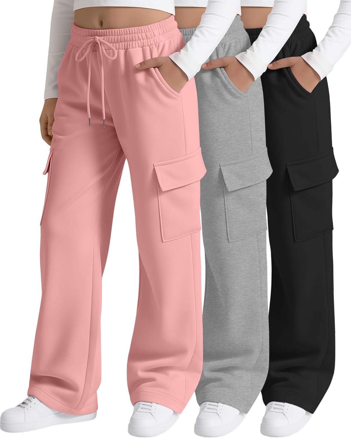 3 Pack Girls' Cargo Sweatpants Kids Wide Leg Pants Loose Baggy Elastic Drawstring Joggers with 4 Pockets 5-14 Years