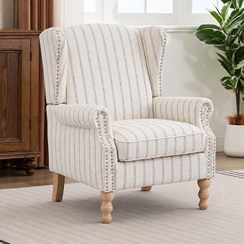 Vintage Floral Accent Chair, Wingback Chair with Arms for Living Room, Antique Occasional Side Chair|High Back|Ticken Seat Cushion|Fabric Upholstered Ancient White, A
