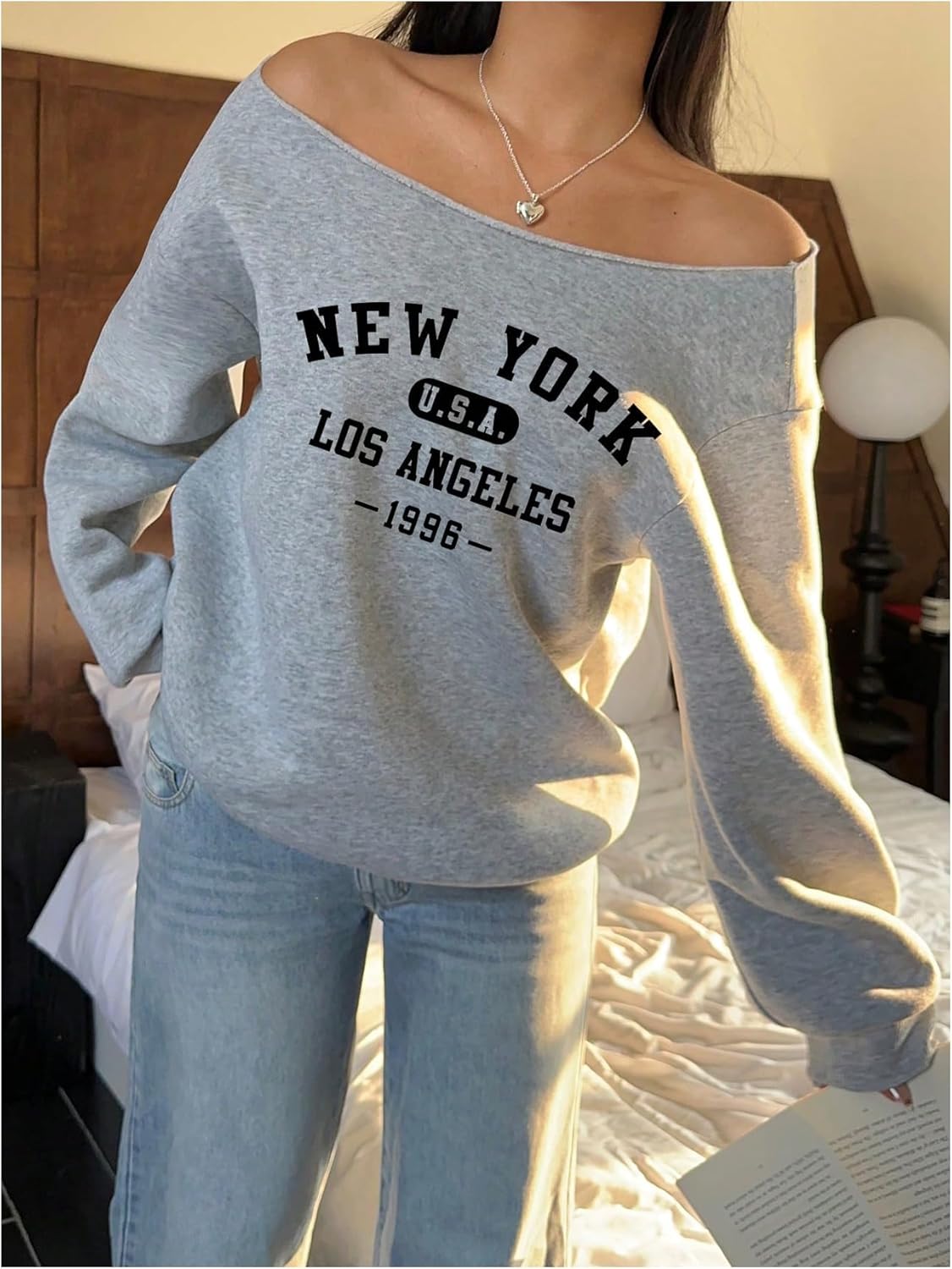 SOLY HUX Women's Off the Shoulder Graphic Sweatshirt Letter Print Long Sleeve Oversized Pullover Tops - Image 4