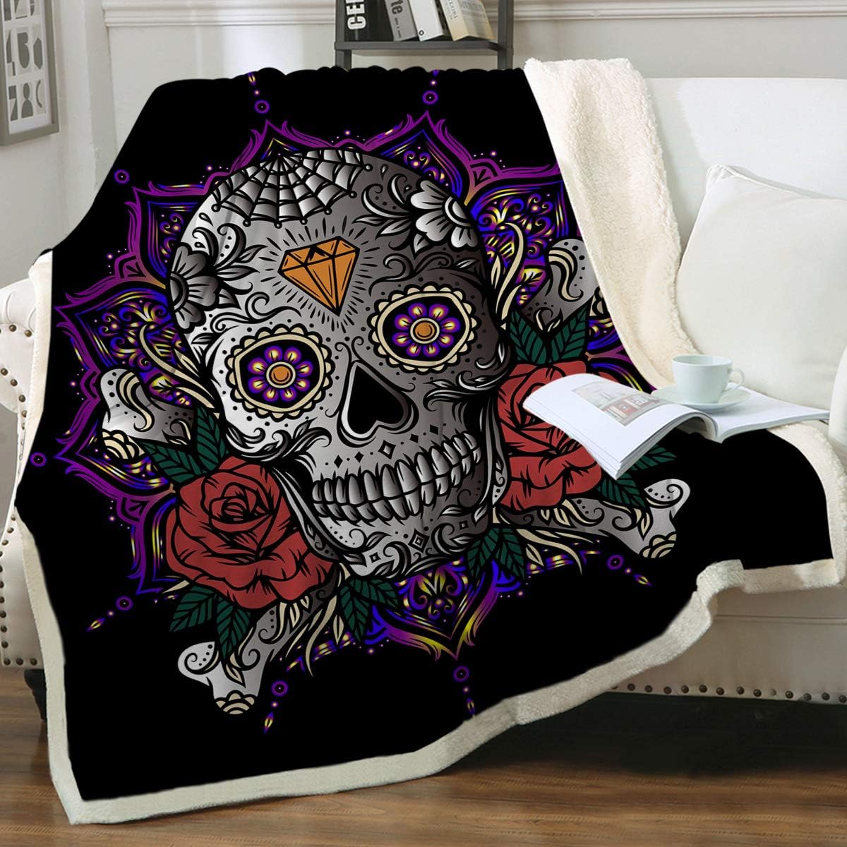 Sleepwish Purple Sugar Skull Blanket Lotus Manda Super Soft Throw Blanket for Bed Couch Sofa Rose Skull Sherpa Fleece Blanket (Twin 60"x80")