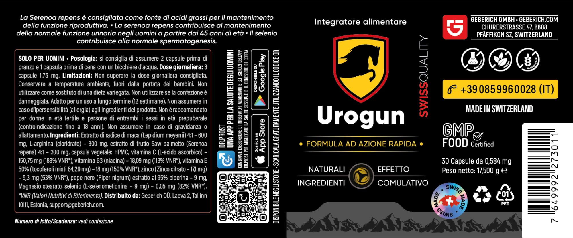 Cápsulas UROGUN | Apoya la Vitalidad y el Rendimiento Físico | Extracto de Maca 4:1 600mg, L-Arginina 300mg | Solo para Hombres | con Serenoa Repens, Zinc y Selenio | Vitaminas C, B3, E | 30 Cápsulas