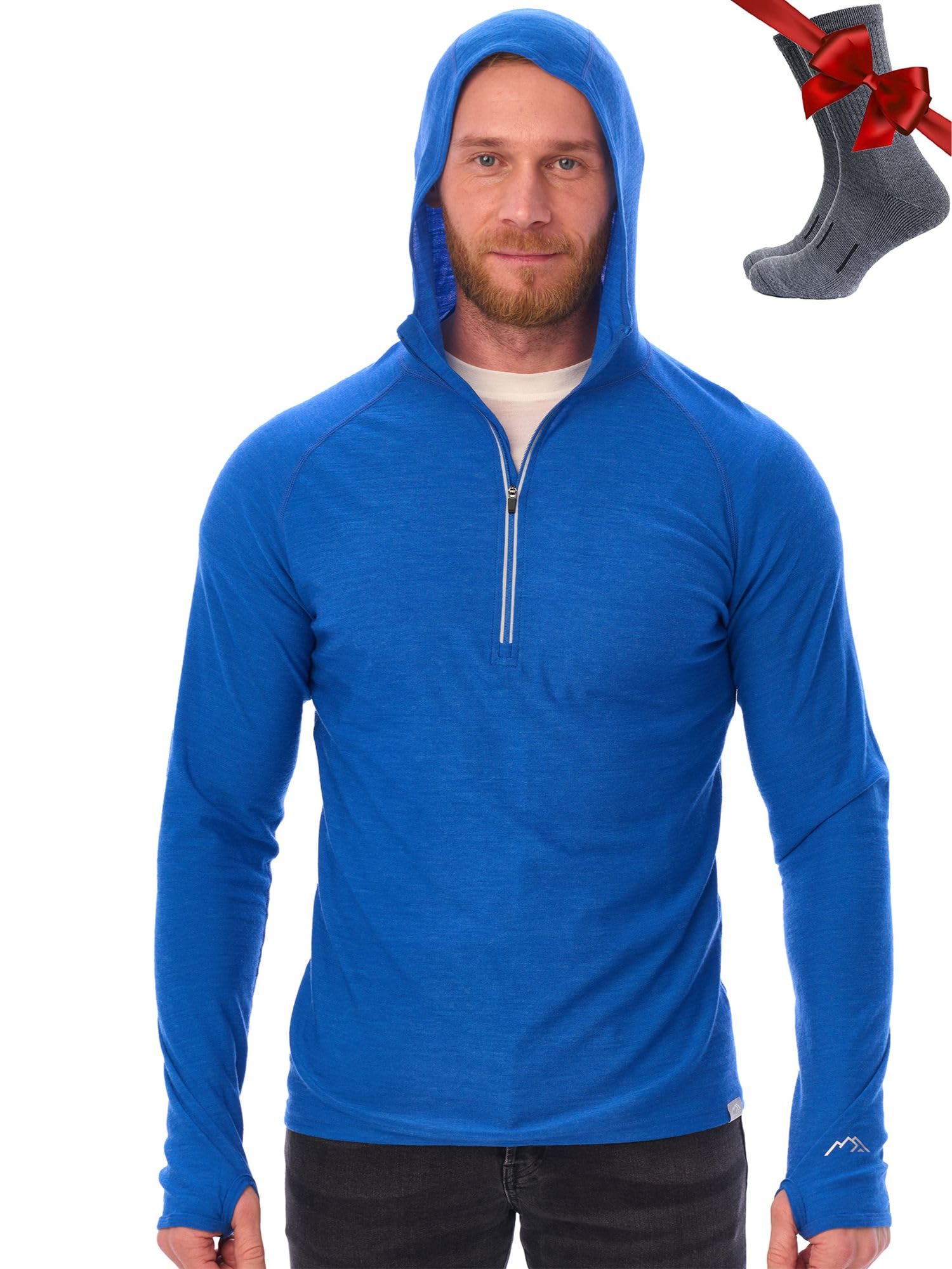100% Merino Wool Hoodie Men - Slim Fit Quarter Zip Thermal Base Layer Top