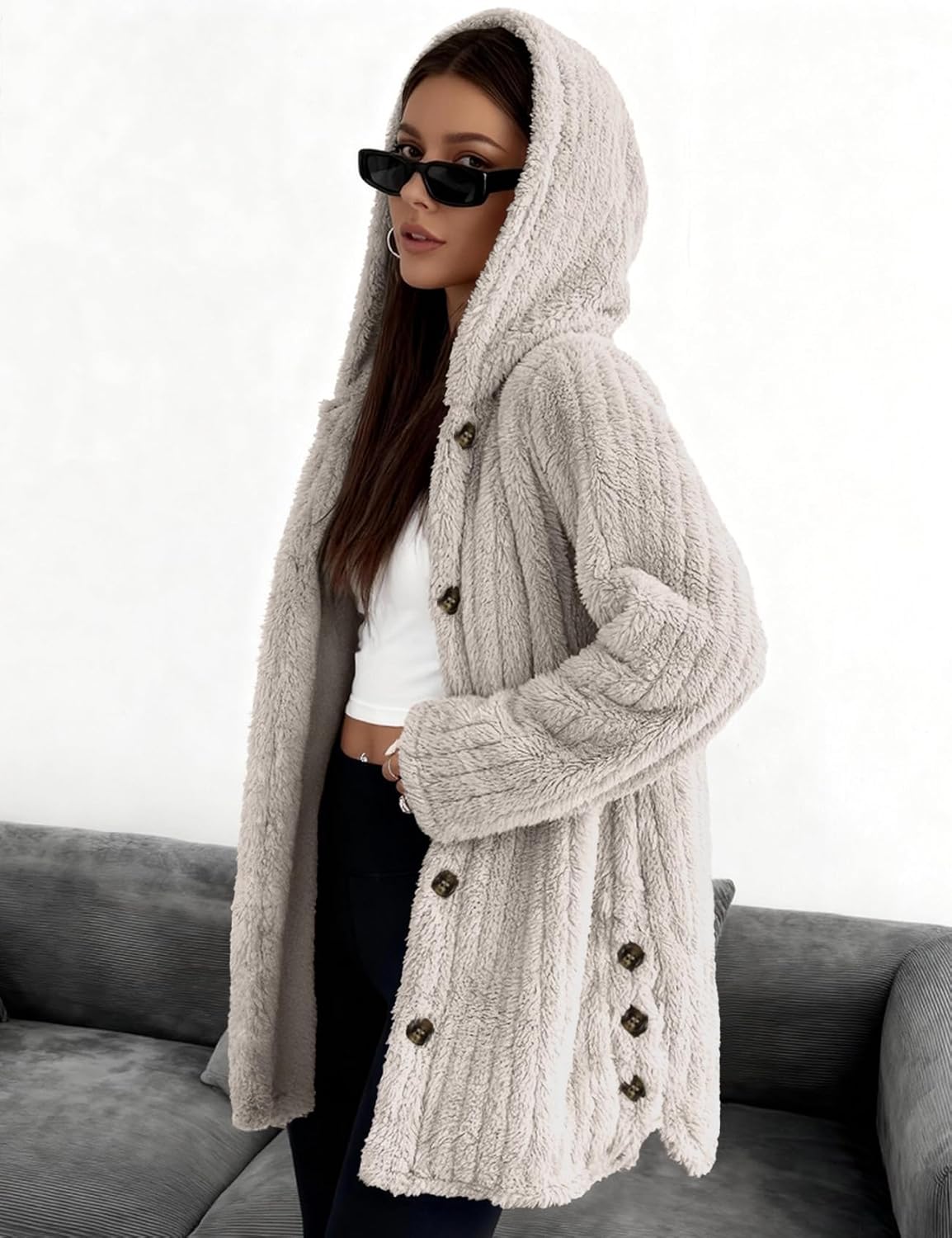 Kissonic Women's Fleece Jacket Hooded Fuzzy Sherpa Cardigan Warm Cozy Casual Outerwear for Women - Image 3