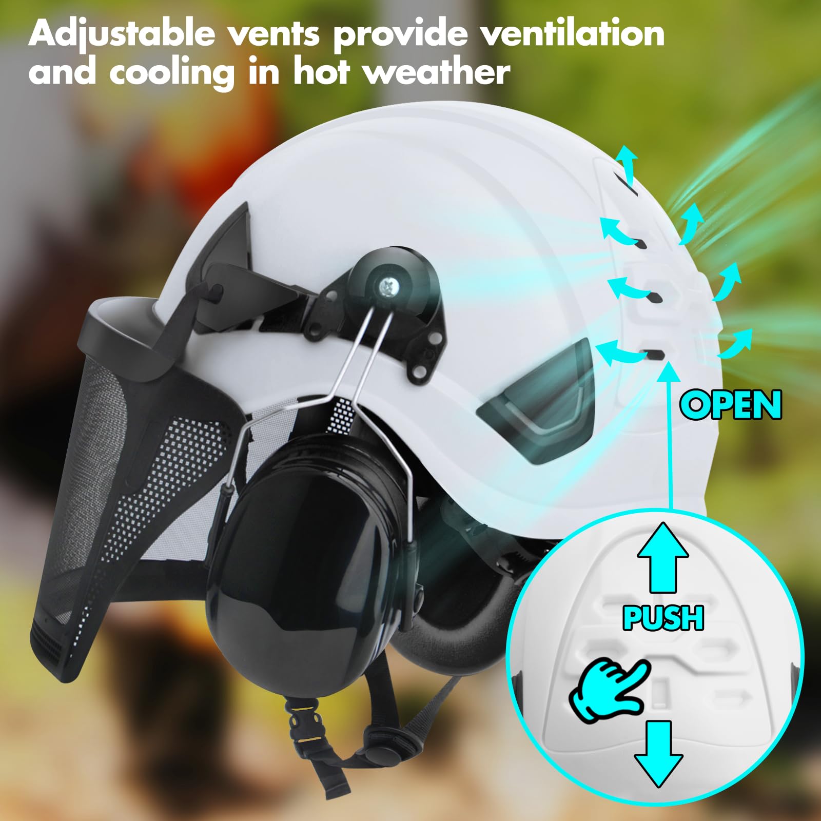 Forsthelm Helmet,Kettensägen-Sicherheitshelm,4-in-1 Kettensägen-Schutzhelm mit Gehörschutz Ohrenschützer und Gesichtsschutz Visier,Industrie Helm Schlagfeste Bequeme Belüftung Arbeitshelm -Weiß