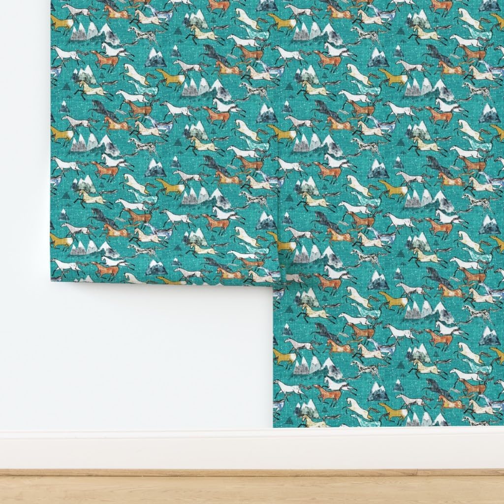 Spoonflower Peel & Stick Wallpaper 3ft x 2ft - Wild Horses Teal Horse Mountain Cowboy Western Southwestern Australia Custom Removable Wallpaper