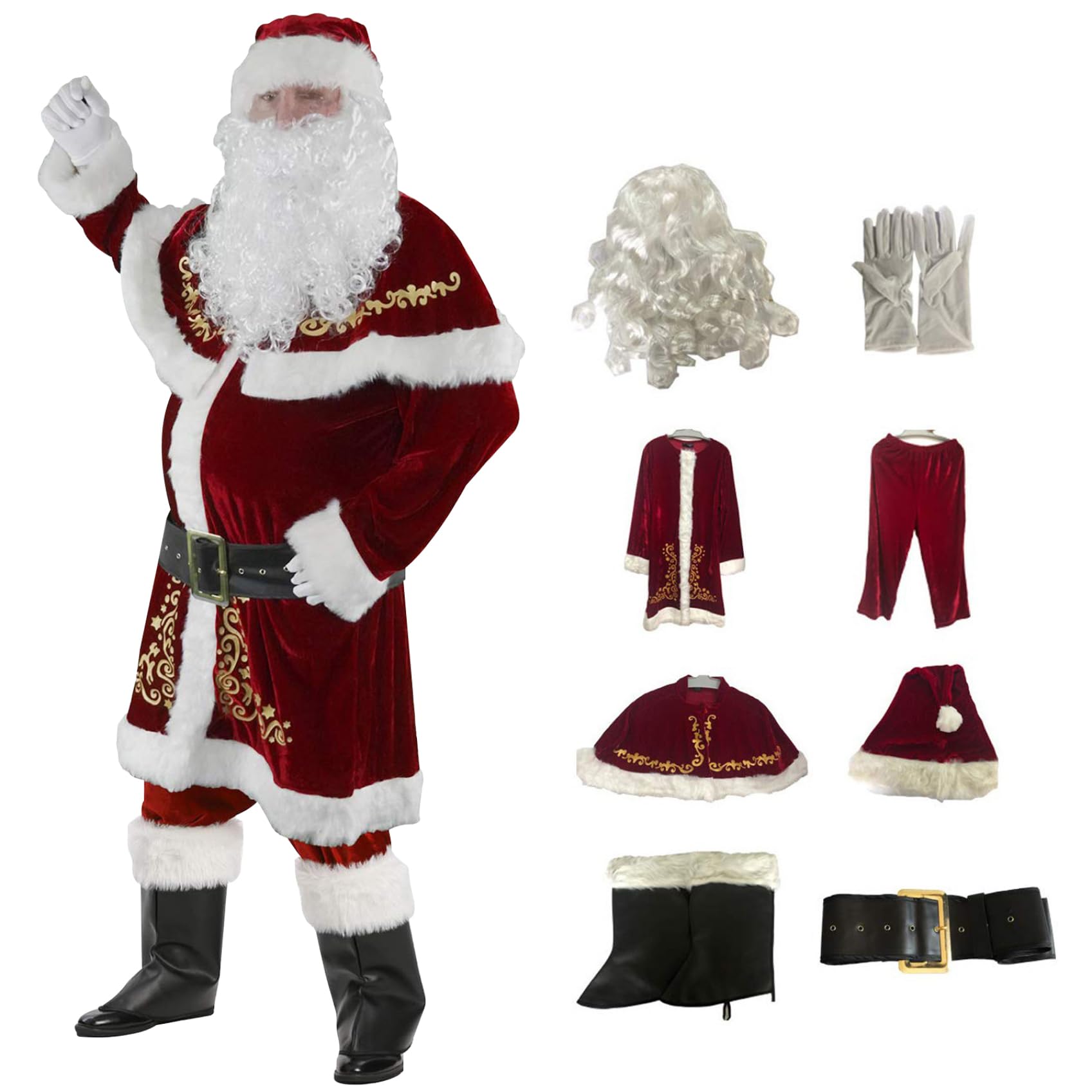 Costume de père noël pour adultes 8 pièces/ensemble, Costume de père noël en velours pour hommes, tenue pour fête, Cosplay