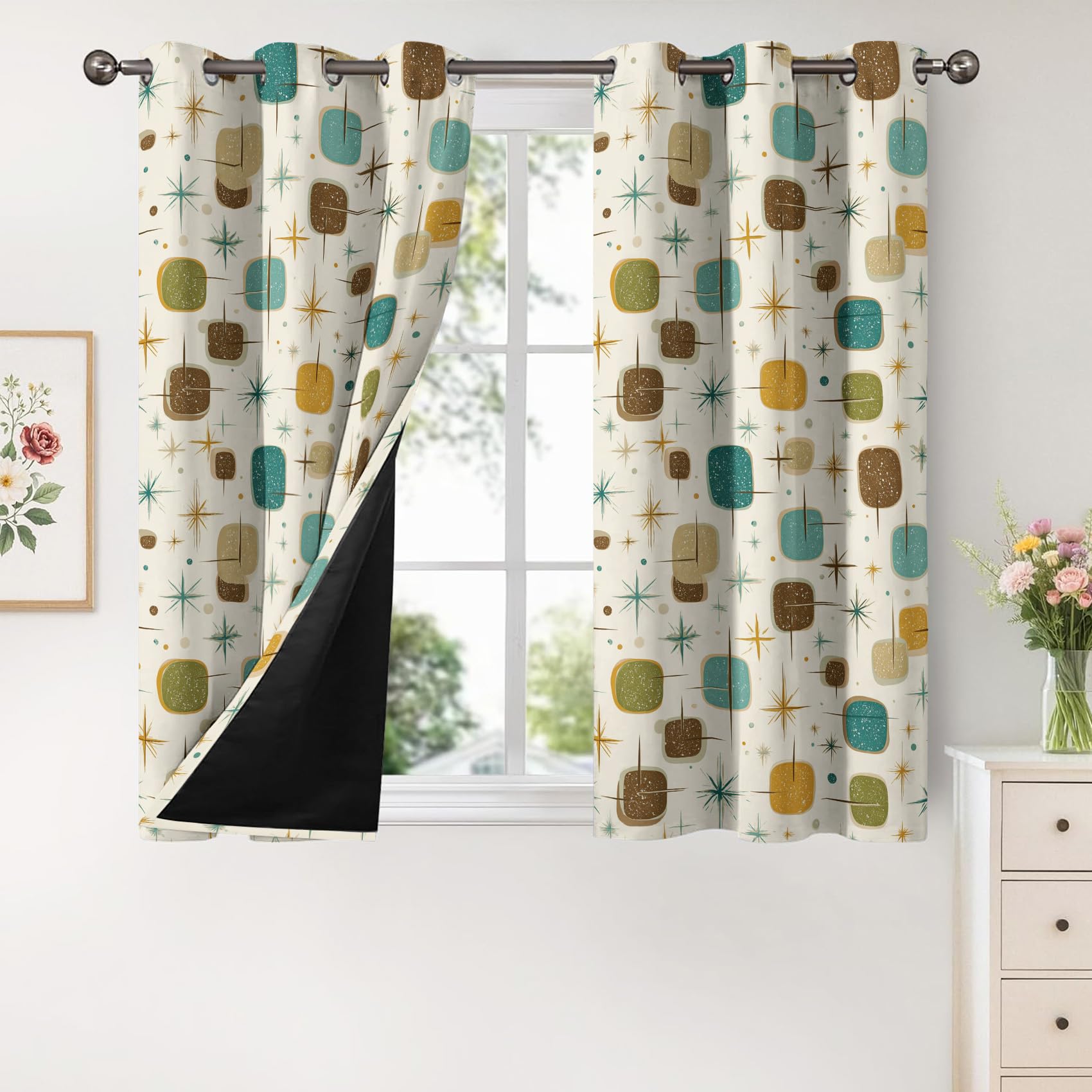 Mid Century Modern Vorhang Mit ösen Blickdicht, Retro Geometrisch Vorhänge Schlafzimmer Wohnzimmer Küche 140 x 160 cm Lang, Übergardinen Innen Verdunklungsvorhänge