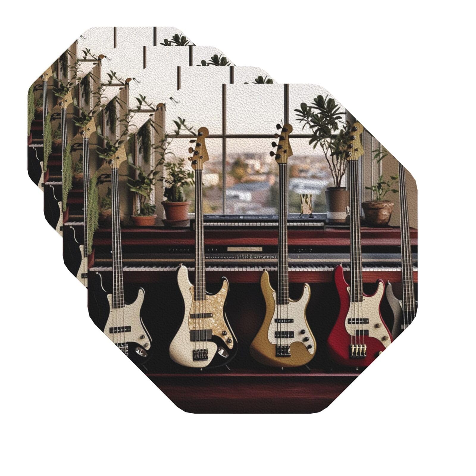 Drink Coasters Set of 4 Quick-Dry Leather Coaster Guitar Bass Music Musical Instruments Coasters for Drinks Coffee Cup Mat Tabletop Protection Heat Resistant Coaster for Kitchen Bar Office Home Decor