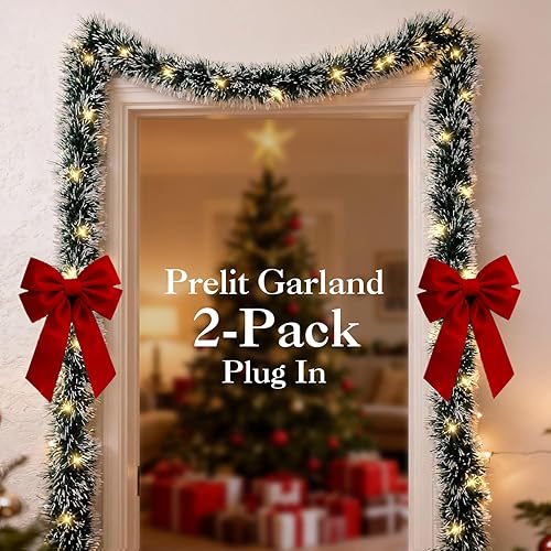 Miniatura 8 de 2 Pack de Guirnaldas de Navidad Preiluminadas, Guirnalda de 2.7 m Operada con Pilas con 50 Luces LED, Guirnalda Iluminada de Navidad para Repisa de