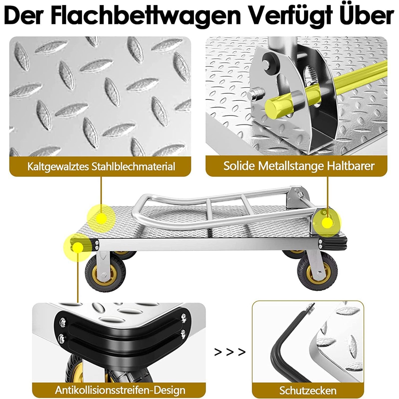 Carrello con Piattaforma Pieghevole Carrello di Spinta capacità 1100 kg Carrello di Trasporto Carrello con Ruote Carrello A Mano Mobile A Base Piatta Mobile Resistente in Acciaio(90X60cm)