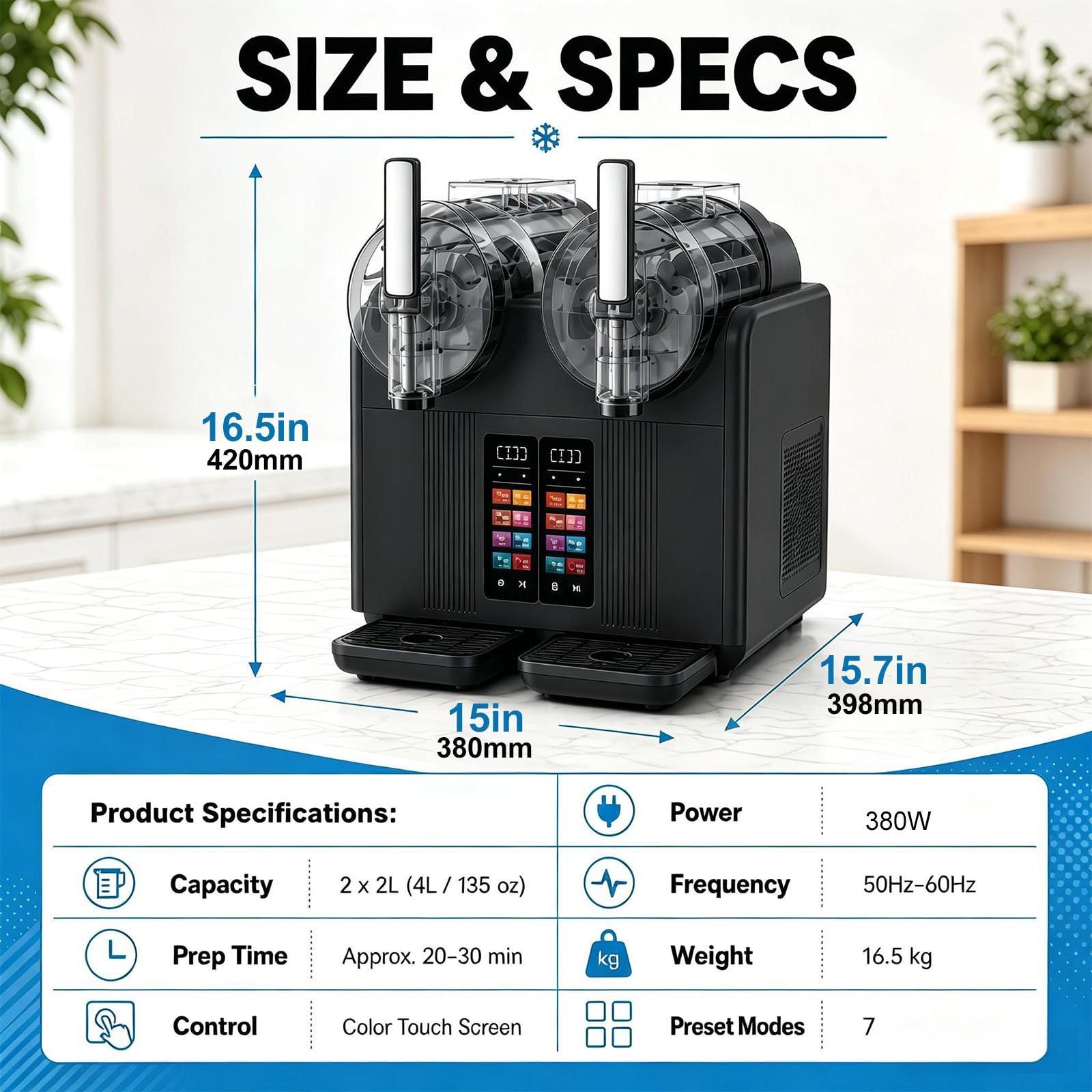 Máquina de Granizados y Helado Soft, Doble Depósito 2×2 L, 380 W Black | 7 programmi e consistenza regolabile per granite, frappè e cocktail; pronta in 15–25 min per feste, bar e caffetterie
